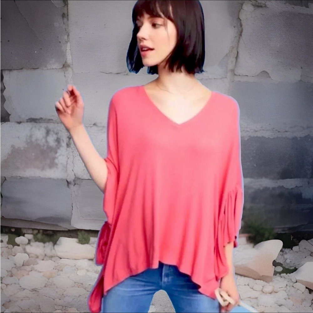 AKEMI + KIN ANTHROPOLOGIE Blouse Womens M/L Coral Capa Oversized Flowy Top SOFT